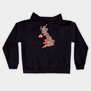 Colorful mandala art map of United Kingdom with text in brown and orange Kids Hoodie